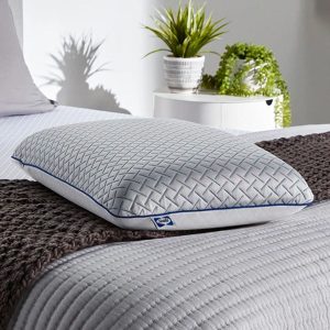 Sealy To Go Cool Touch Memory Foam Bed Pillow with Reversible Cooling Cover in White.