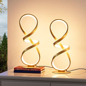 Set of 2 silver spiral LED table lamps with modern artistic metal design.