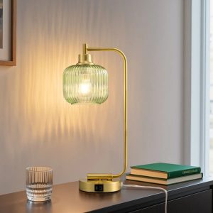 18.5-inch modern green glass table lamp with a gold metallic base and USB ports.