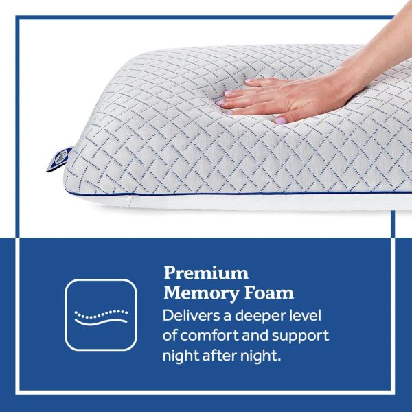Standard size Sealy Memory Foam pillow on a bed, showcasing the medium height profile.